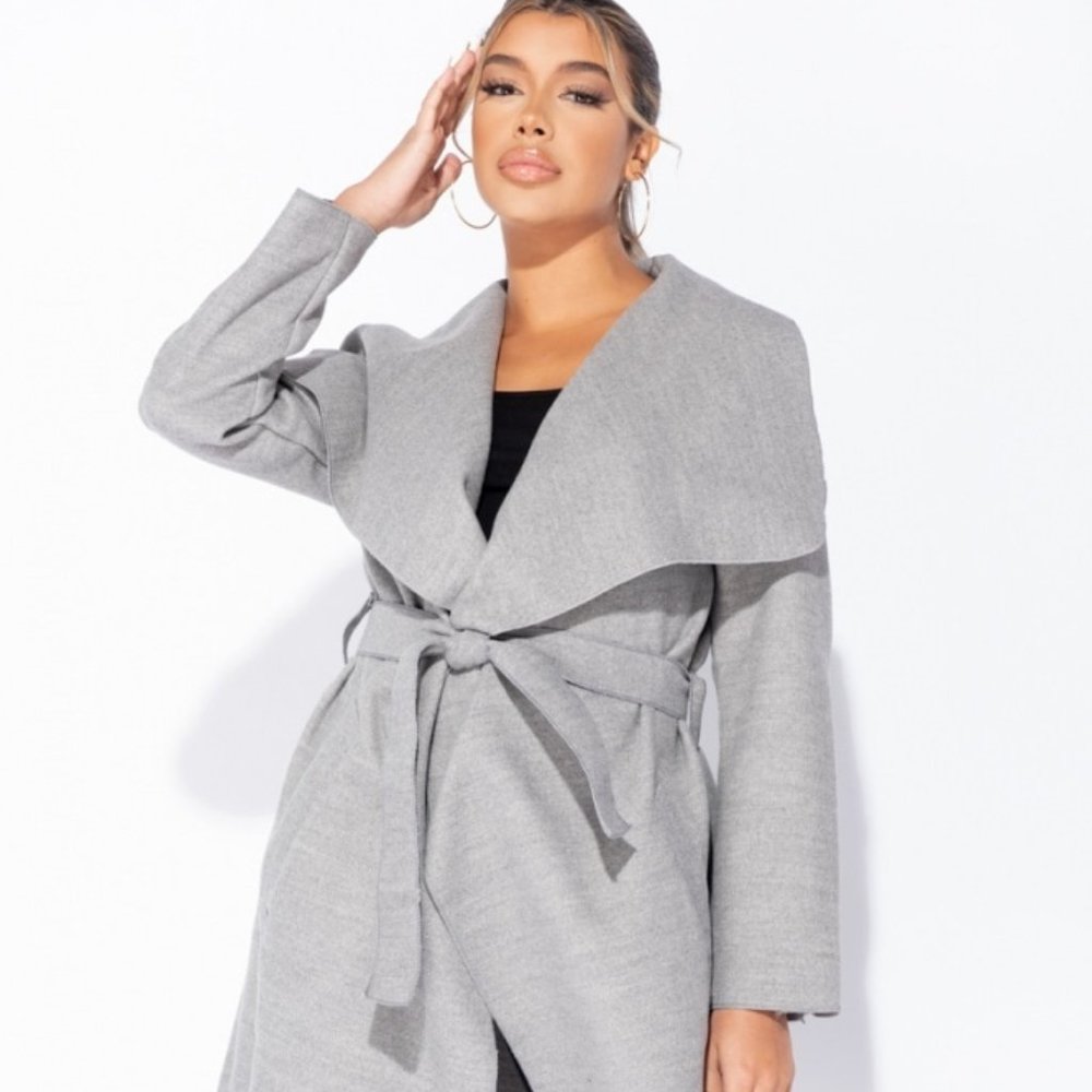 Grey Mid Length Belted Waterfall Coat